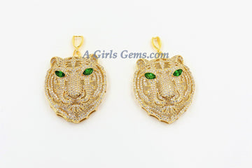 Tiger Head Pendant, CZ Micro Pave Gold Tiger Pendants AG #663, Open Hole Charms